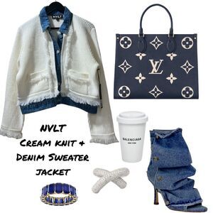 NVLT Cream & Knit Sweater Jacket with Denim Trim